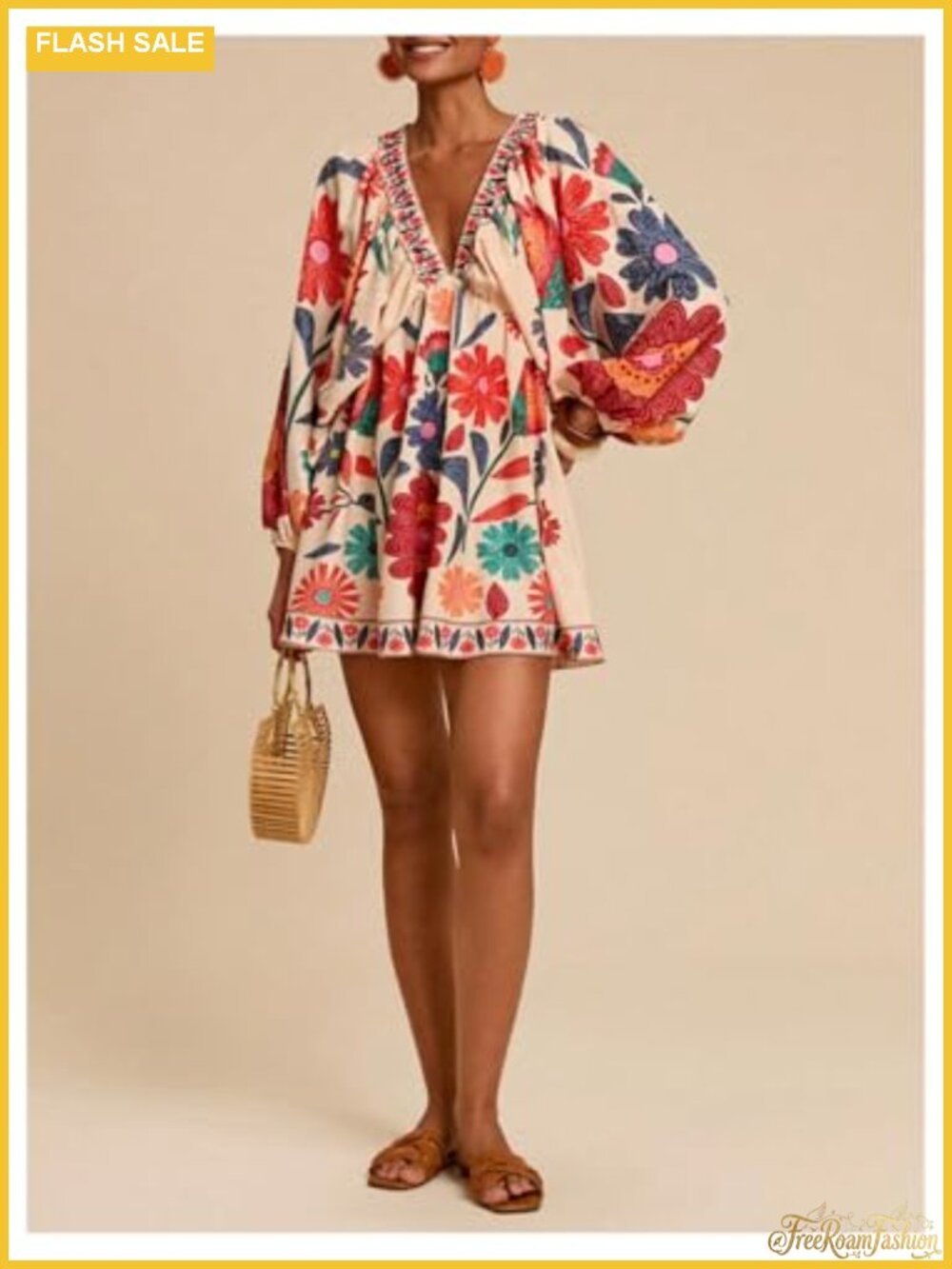 Boho Floral V Neck Mini Dress Bishop Sleeve Tie Back Shift Dress - Picture 4 of 4